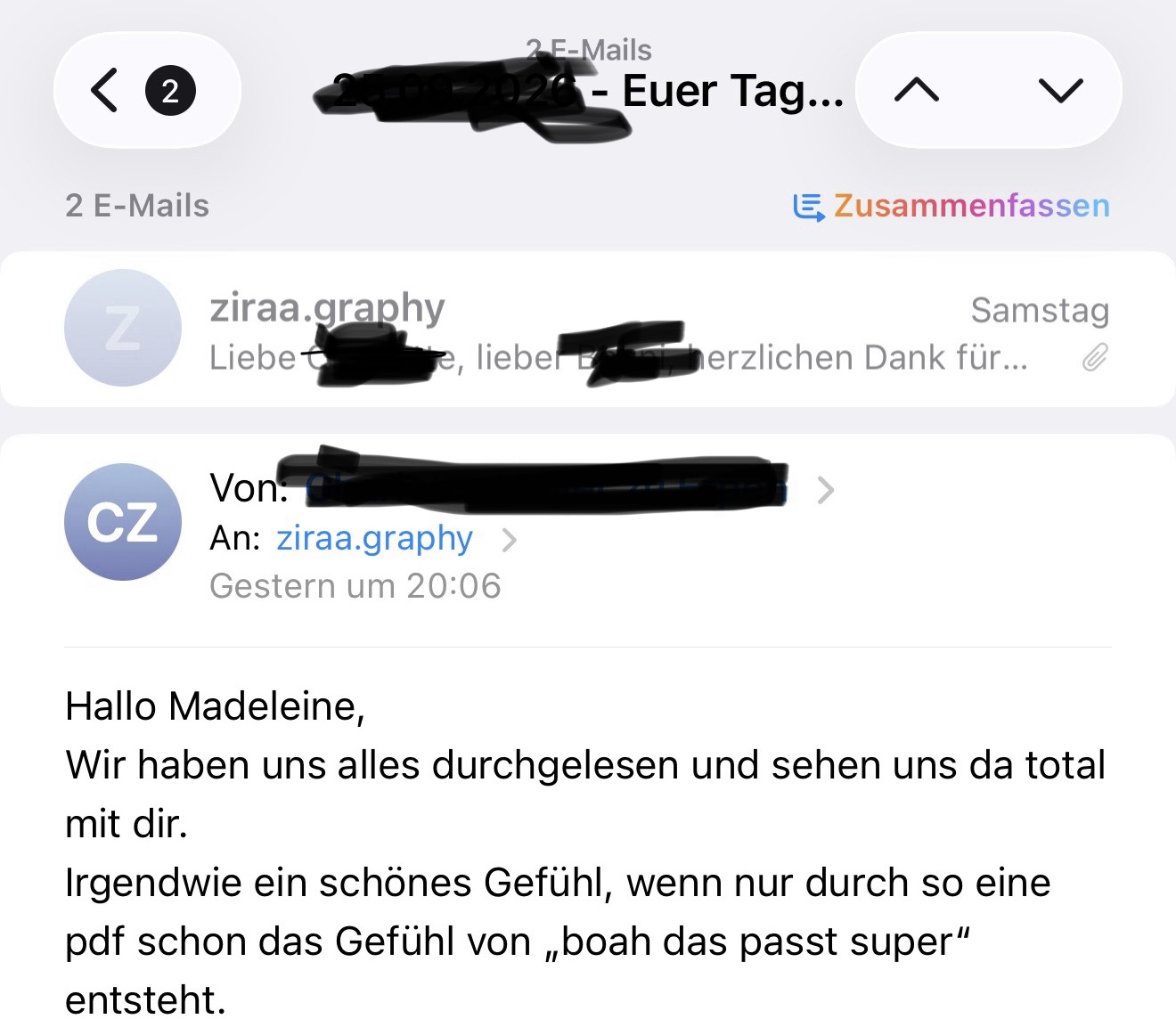 Echte Kundenreaktion auf Madeleines Angebot – ziraa.graphy